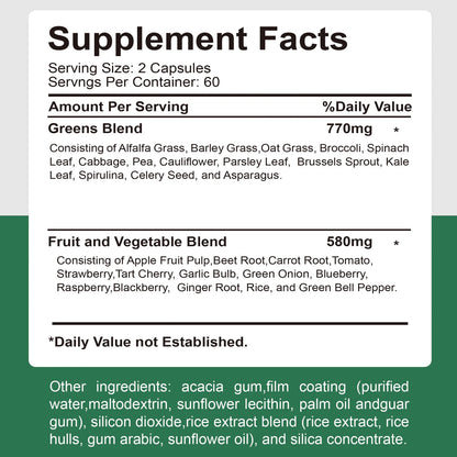 Organic Superfood Greens Supplement - Digestive Support, Energy Boost, Antioxidant - 120 Capsules