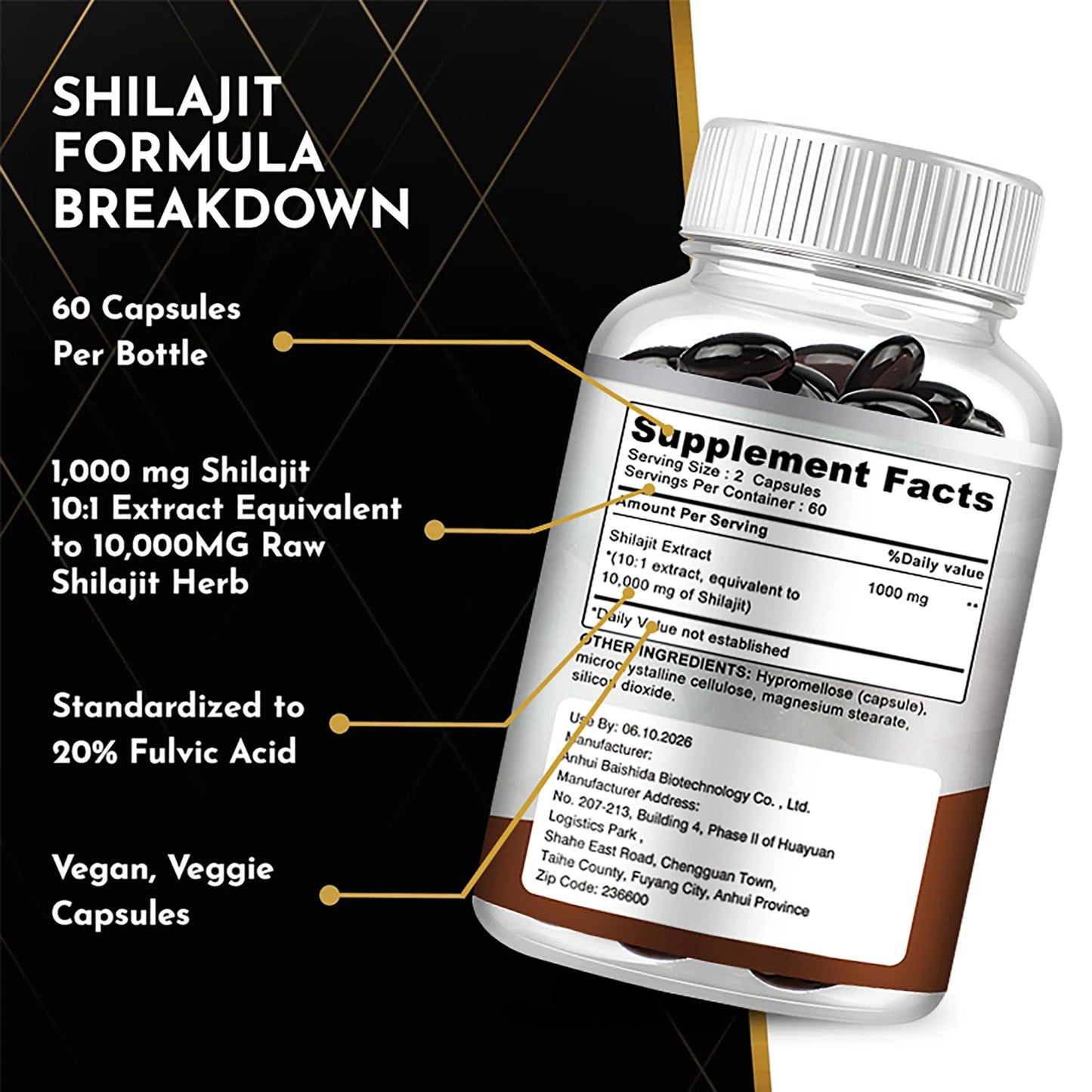 Shilajit Supplements - Enhance Nutrient Absorption and Promote Detoxification, Relieve Stress - 120 Capsules