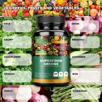 Organic Superfood Greens Supplement - Digestive Support, Energy Boost, Antioxidant - 120 Capsules