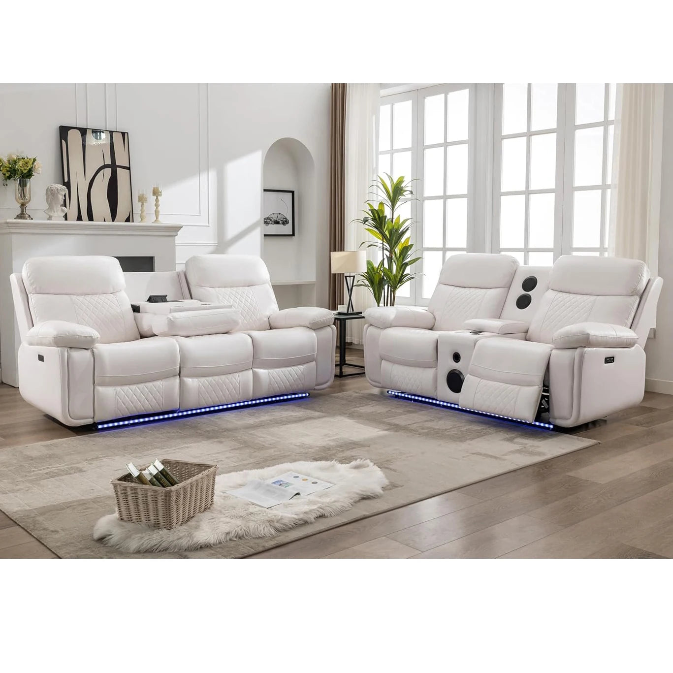 5-Seat Electric Power Recliner Sofa Set with Drop-Off Table, Wireless Charger & Type-C, Faux Leather Loveseat with Bass Speaker