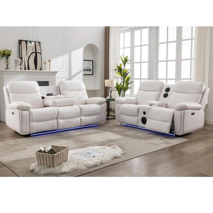 5-Seat Electric Power Recliner Sofa Set with Drop-Off Table, Wireless Charger & Type-C, Faux Leather Loveseat with Bass Speaker