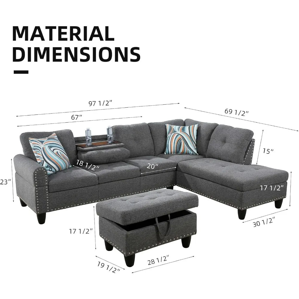 L Shaped Sofa with Ottoman Modern Sectional Couches for Living Room, Bedroom, Office, Grey-Belt Cup Holder  home furniture