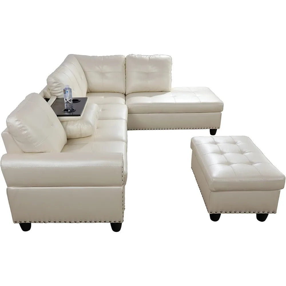 Golden Coast Furniture Living Room Sectional Sofa Set, Faux Leather Sectional Sofa Couch Set with Storage Ottoman (Ivory White )