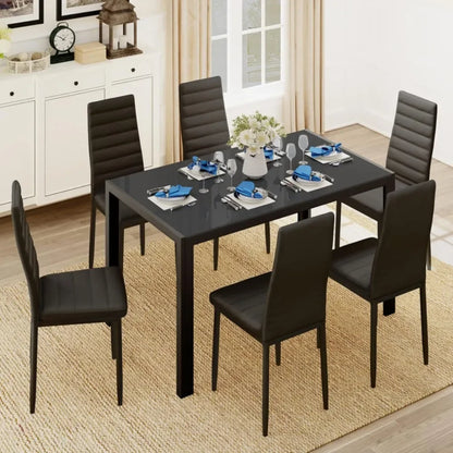 Glass Dining Table Sets for 6, 7 Piece Kitchen Table and Chairs Set for 6 Person, PU Leather Modern Dining Room Sets for Home