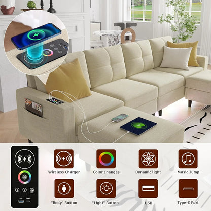 LED Sectional Couches for Living Room, Modular Sectional Sofa Set , Oversized U Shaped Sofa Couch with Auto Sensor RGB Lights