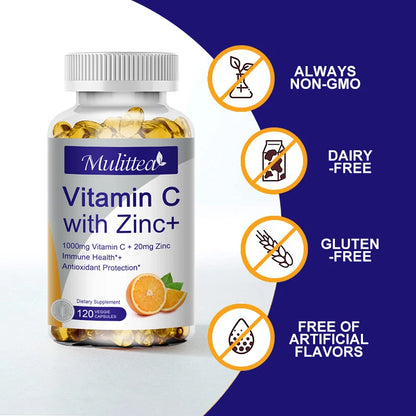 Mulittea Premium Vitamin C and Zinc for Energy Production Improve complexion Brighten skin with daily vitamin supplements