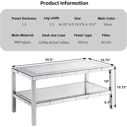 35 Inches Mirrored Coffee Table, Crystals Inlay and Stainless Steel Frame, Modern 2 Tiers Rectangle Cocktail Table/End Table