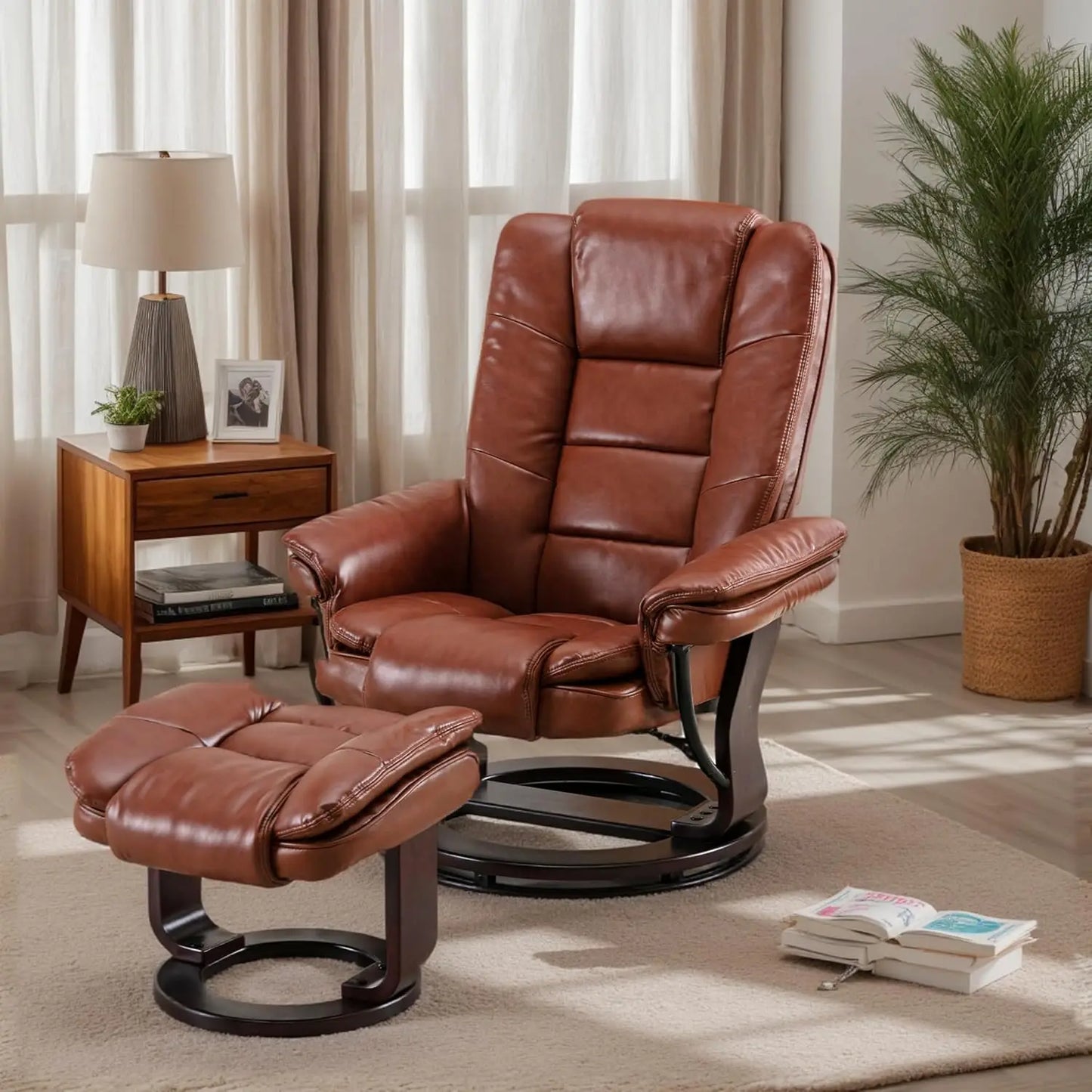 Leather Recliner with Ottoman Mahogany Wood Base Ultra Plush Double Foam Layered Reclining Bonded Leather Chair for Living Room