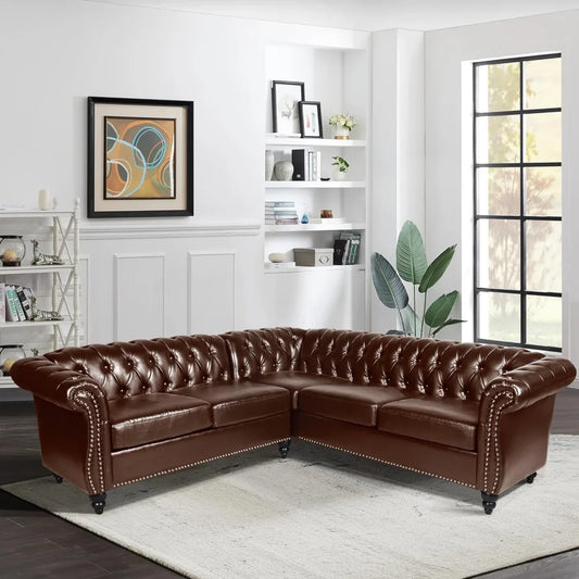 L-shaped small combination sofa, Chesterfield leather plush decorative sofa, with scroll armrests and nail heads