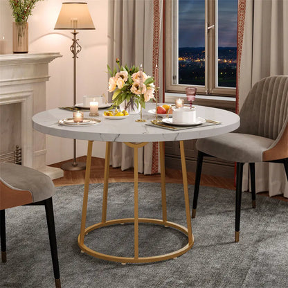 Round Dining Table 47.24 Inch Kitchen Table for 4 People Wooden Marble Pattern Dinner Room Table with Gold Base for Home office