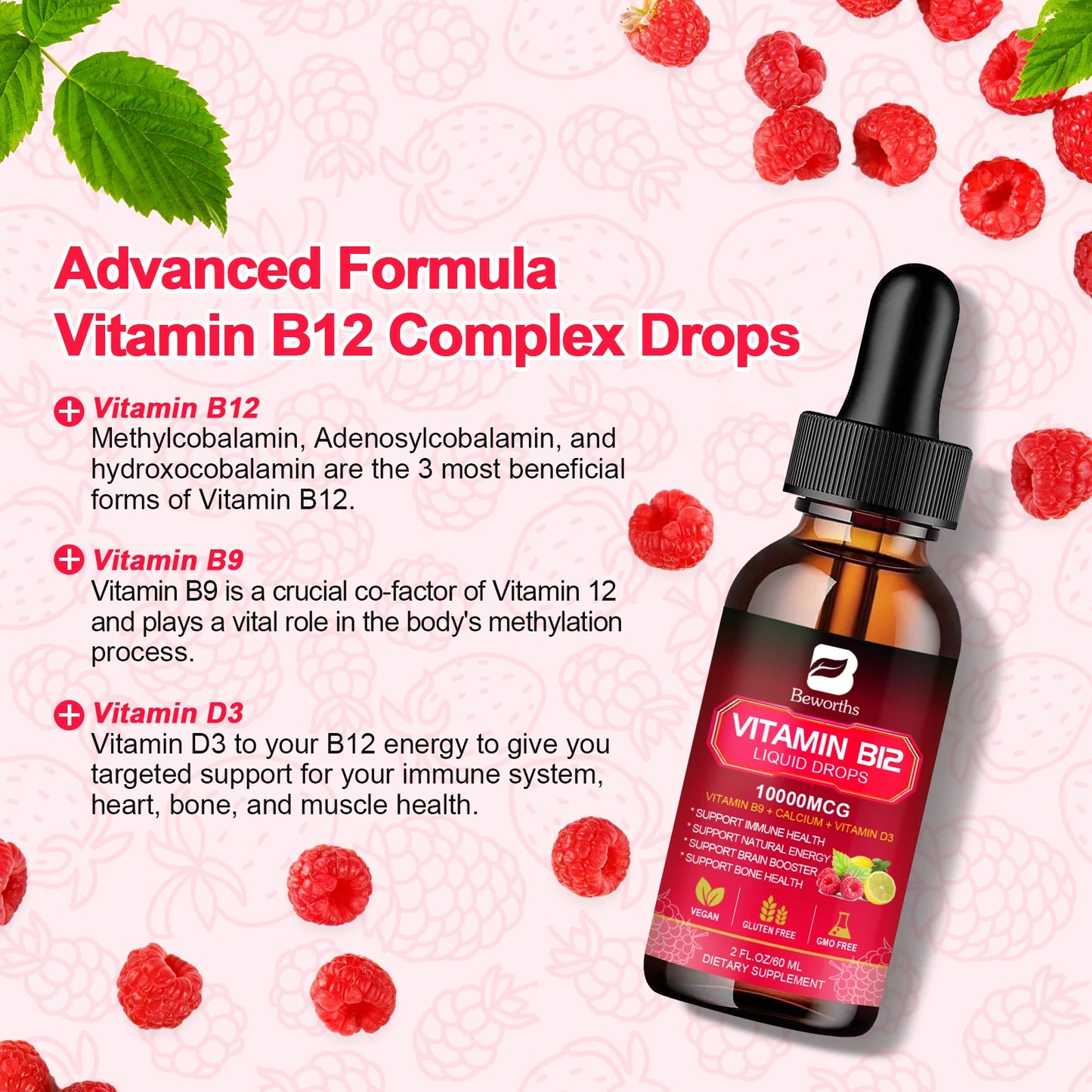 BEWORTHS Vitamin B12 Drops Energy Supplements Support Immune Health Protecting Cardiovascular Health Promote Digestion