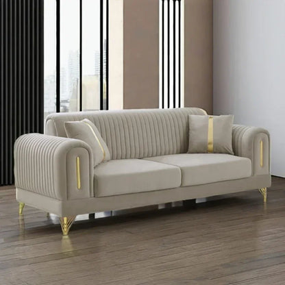 Luxury 1+1+3+3 Living Room Sofa Set New Design Gold Steel Decorated Modern Velvet Sofa Set for Living Room & Villa Wholesale