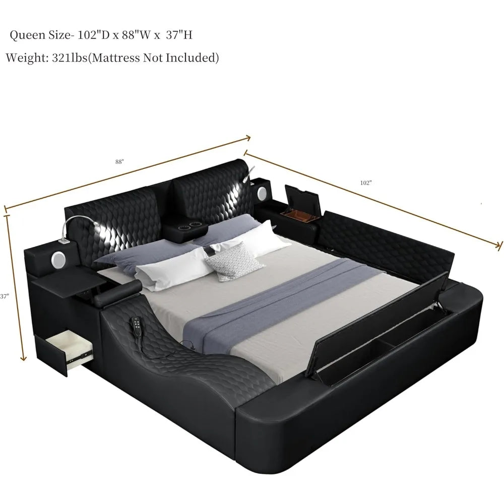 Queen Size Smart Bed, Multifunctional Leather Bed Frame with Massage Recliner/Upholstered Headboard, Modern Luxury Bed Frame