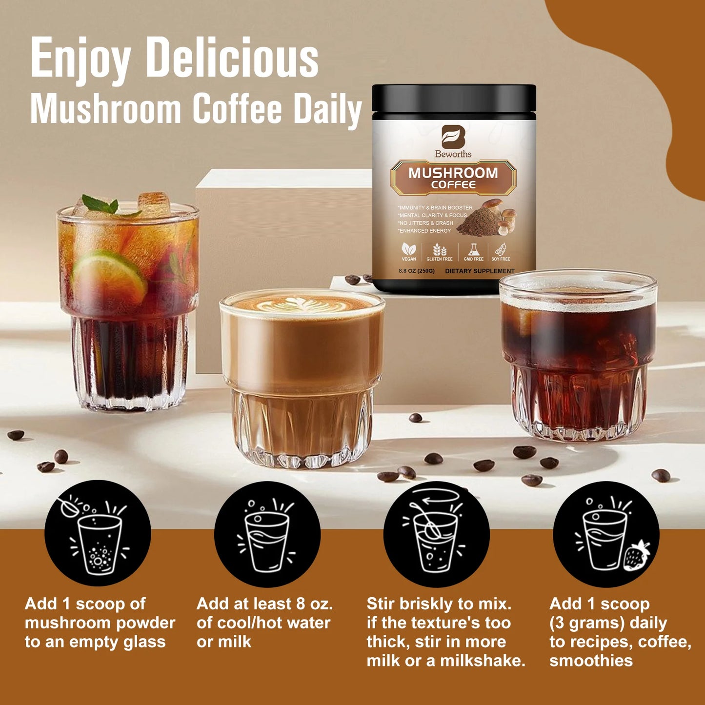 Mushroom Coffee Supplement 10 Mushroom Blend- Lion's Mane, Chaga, Cordyceps Brain Supplements for Energy, Memory and Immunity