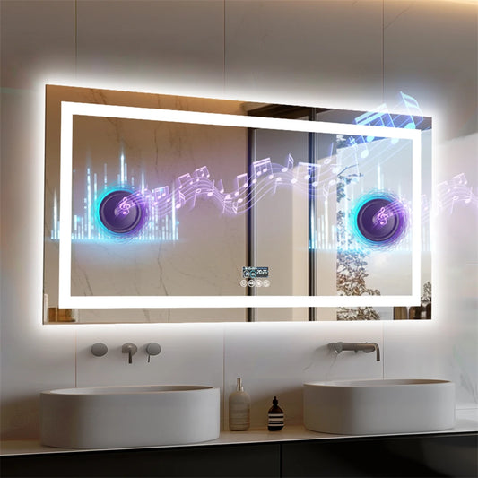 XXL Bathroom Mirror Smart LED Vanity Mirror Wall Mounted with Bluetooth, Digital Display, Back Front Lit,Anti Fog for Hotel Hall