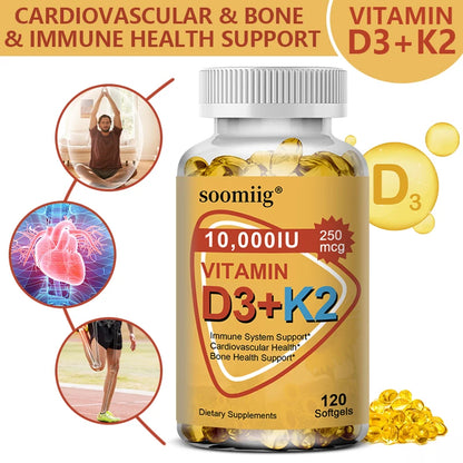 Vitamin D3 & K2 Supplement 10000 IU Immune Support, Hair, Skin & Nail Health Joint, Bone, Cardiovascular & Immune Health.