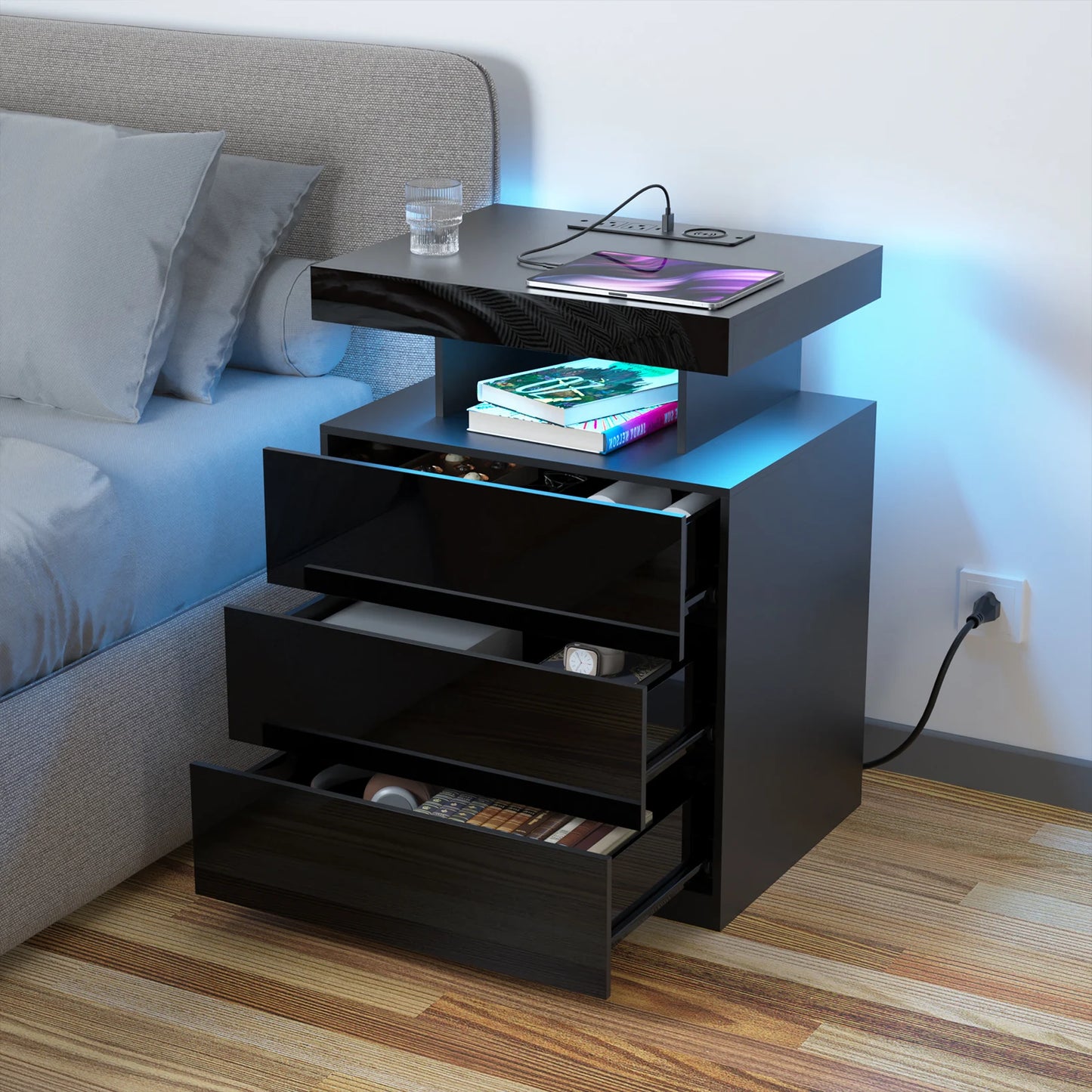 Nightstand LED Light Bedside Table With 3 Drawer Waterproof Modern Style Adjustable Brightness Bedroom Furniture Cabinet Storage