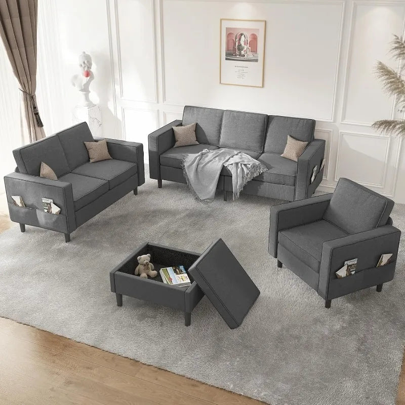 4 Pcs Sofa Set with Storage Ottoman, Living Room Set Has 12 Side Pockets, Living Room Set Includes 3-Seater + Ottoman