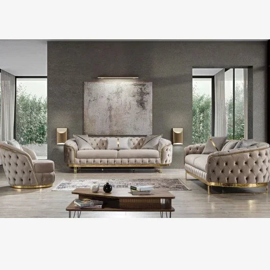 Luxury Living Room Sofa Set Stainless Steel Base Velvet Button Decor Couch Sofa Bed For Home Hotel Furniture