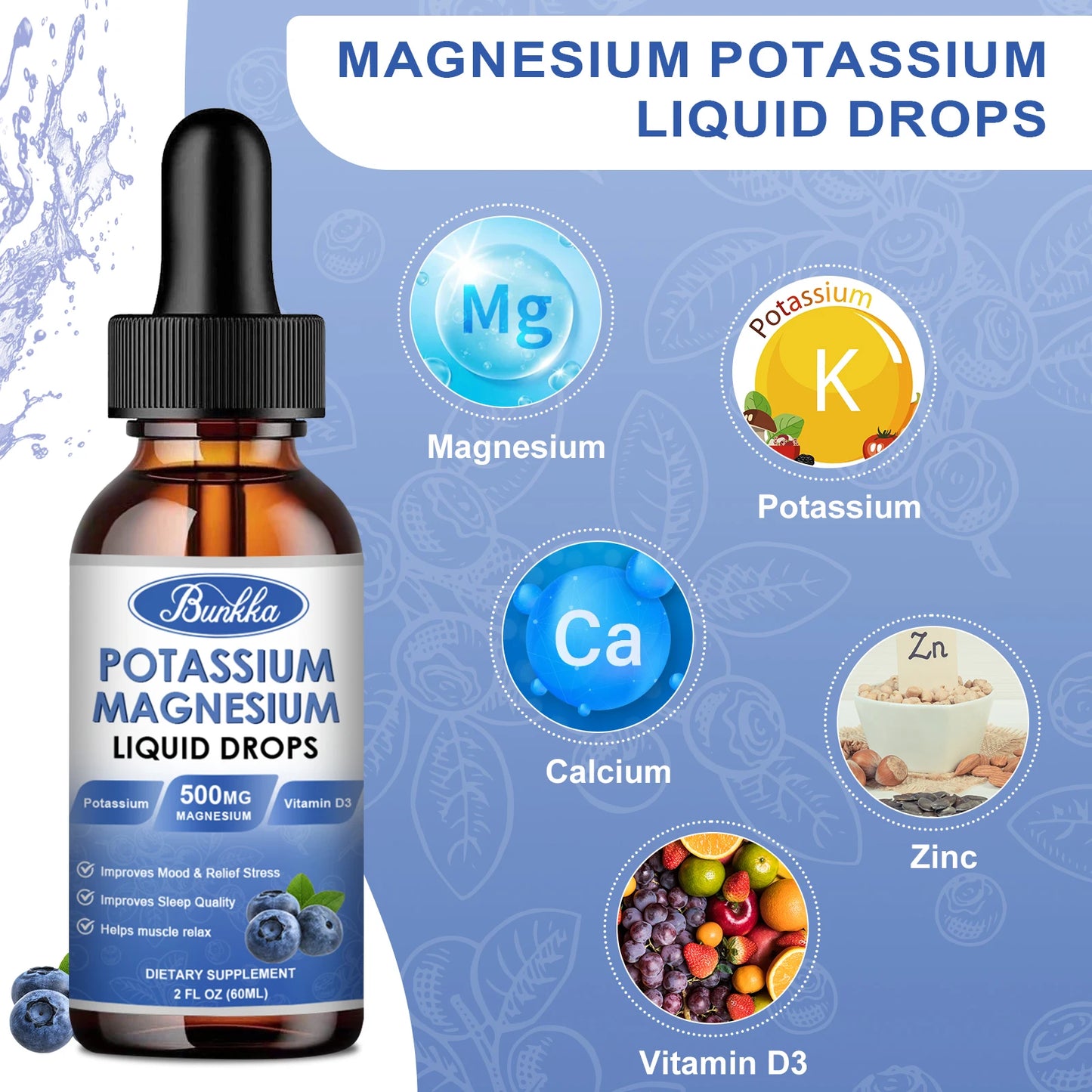 Potassium Magnesium Supplement Liquid - High Absorption Calm Magnesium Complex 500mg & Potassium 99mg,Calcium, Vitamin D3, Zinc