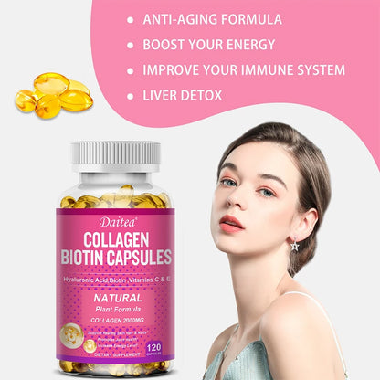 Collagen Biotin Supplement - Hyaluronic Acid Biotin Vitamin C E - Hair Skin Nails Joint Support Vegan Capsules