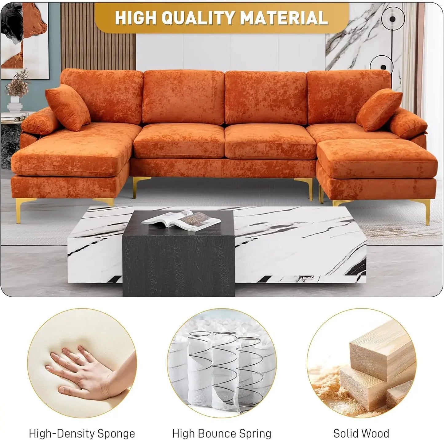 4 Seat Sofa Set Convertible L-Shaped Couch Set with Chaise Lounge, Ottoman and Pillows,114 inches, Orange Velvet