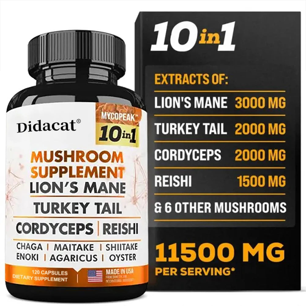 Mushroom Supplement 10x Complex - Lion's Mane, Turkey Tail, Cordyceps, Reishi - Memory & Focus, Brain Support Supplement