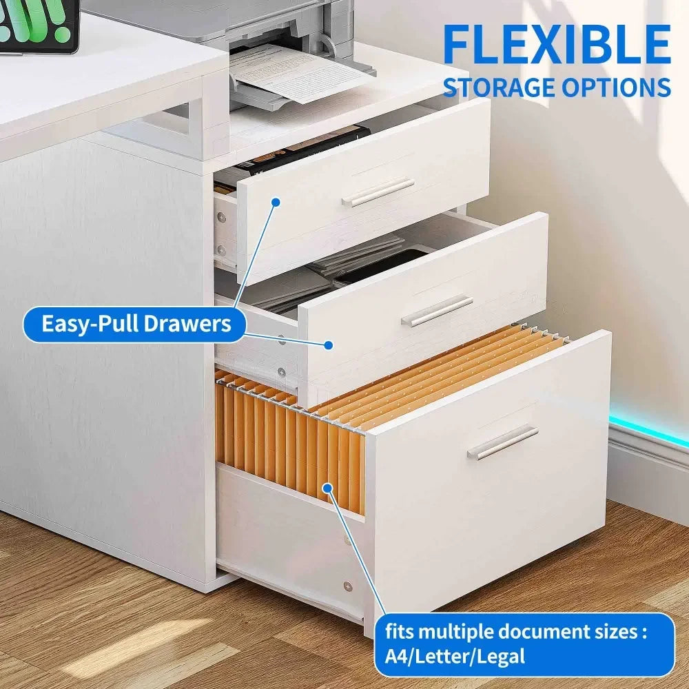 Office Furniture Desk Sets ,65" L Shaped Desk With Power Outlets And Monitor Stand , Computer Desk With LED Light &File Cabinet