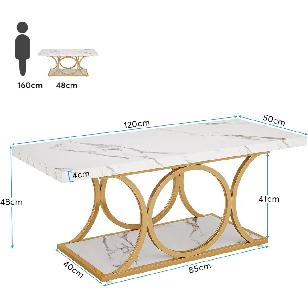 Rectangle Coffee Table, 47.24-inch Modern Coffee Tables for Living Room 2-Tier Faux Marble Wood Coffee Table with Geometric Legs