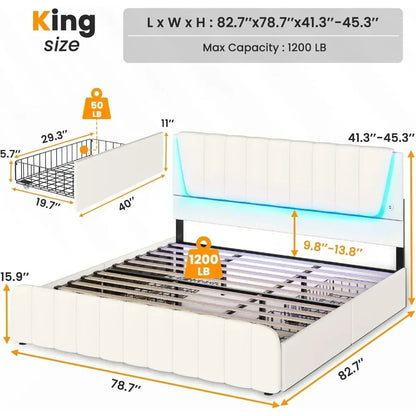 Full Size Bed Frame with Headboard and 4 Storage Drawers, Full Bed Frame with Led Lights & 2 USB Ports, Bed Frame