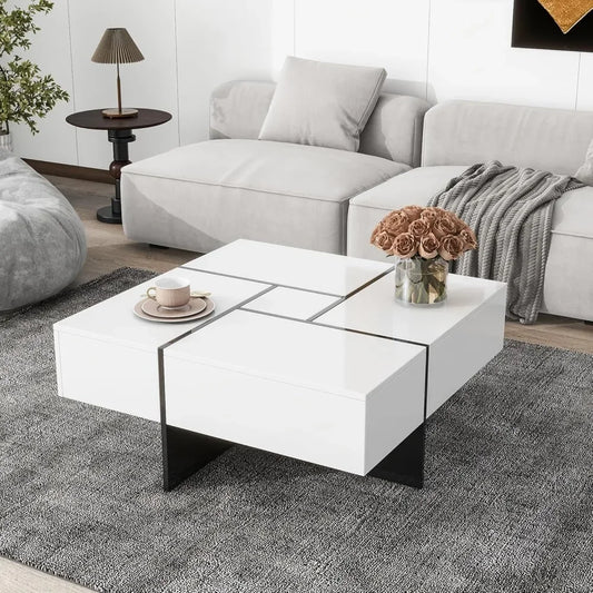 Coffee Table, Extendable Coffee Tables with 4 Hidden Storage Compartments, Square Center Cocktail Table with Sliding Tabletop