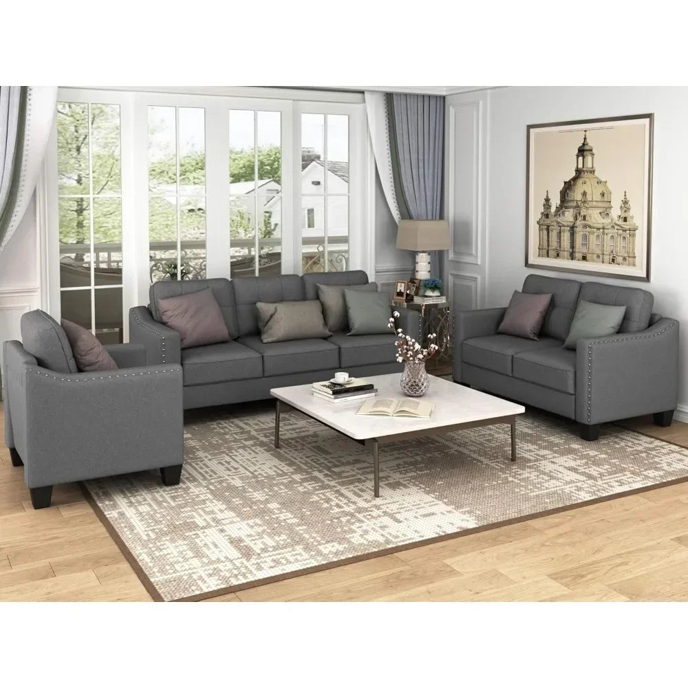 3 Pieces Sectioanal Sofa Set, Living Room Furniture Set Modern Style Button Tufted Sofa Couch with Tufted Cushions Include