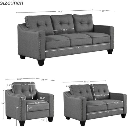 3 Pieces Sectioanal Sofa Set, Living Room Furniture Set Modern Style Button Tufted Sofa Couch with Tufted Cushions Include