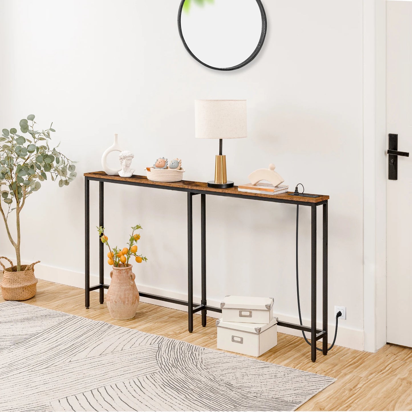 5.9" Skinny Console Table with Charging Station 63" Narrow Console Table with Power Outlets Long and Thin Sofa Table  Slim