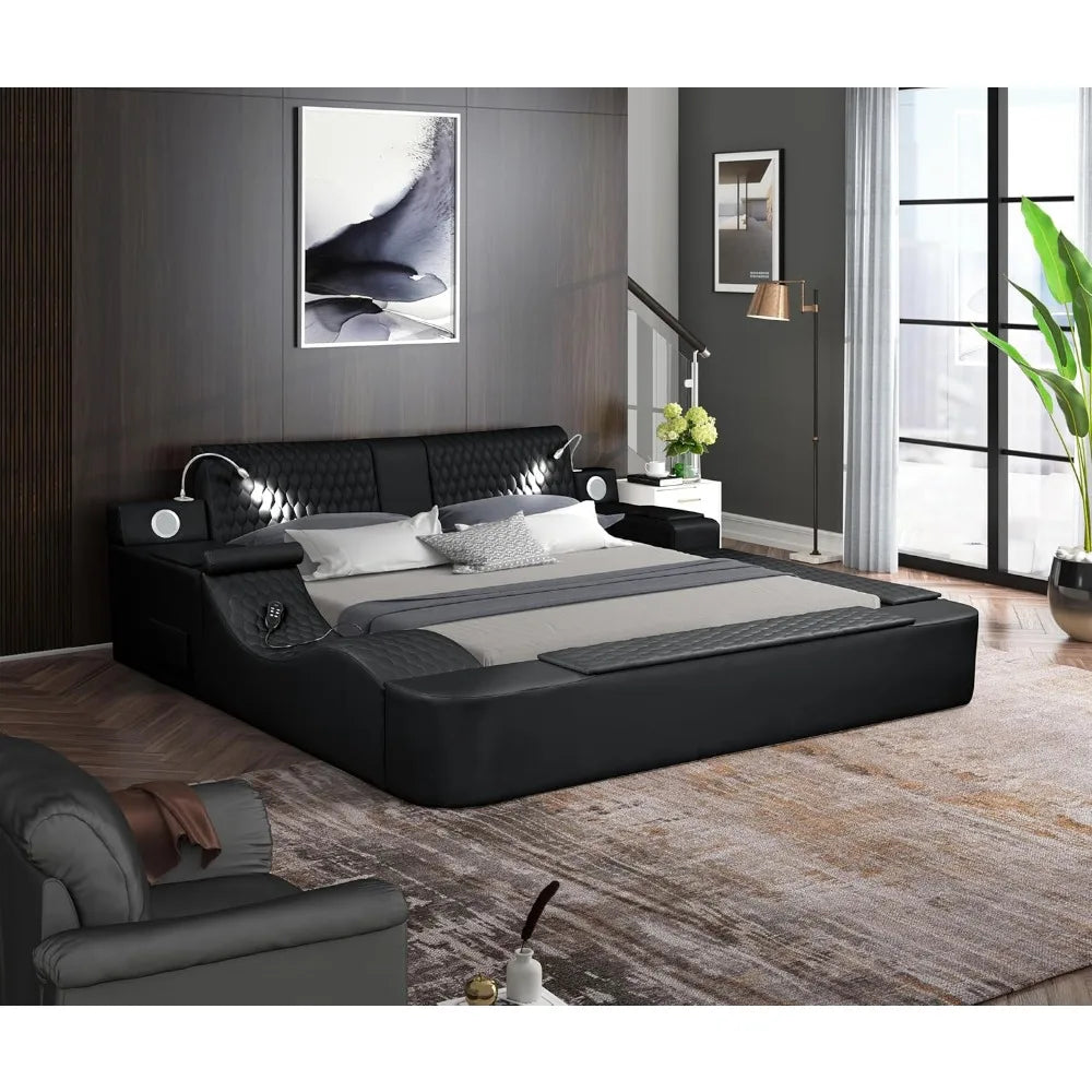 Queen Size Smart Bed, Multifunctional Leather Bed Frame with Massage Recliner/Upholstered Headboard, Modern Luxury Bed Frame