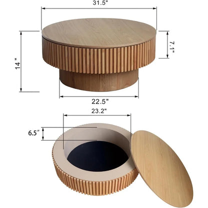 31.5'' Natural Coffee Table Modern Handcraft Drum Round Circle Wooden Solid Wood Veneer Tea Table for for Living Room Apartment