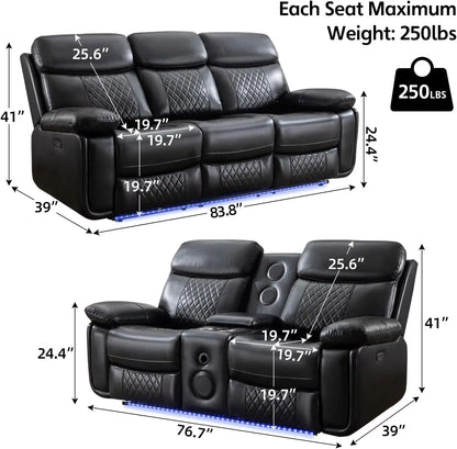 5-Seat Electric Power Recliner Sofa Set with Drop-Off Table, Wireless Charger & Type-C, Faux Leather Loveseat with Bass Speaker