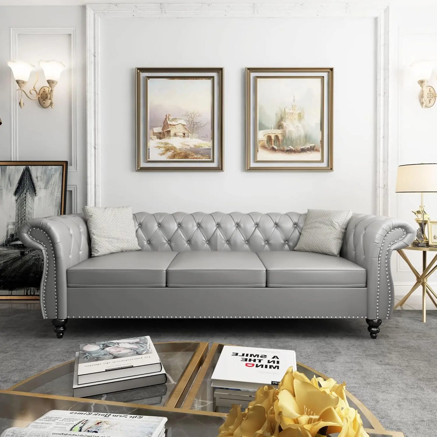 Accent Large Sofa, Chesterfield Couch 3 Seater Modern Leather Couch Upholstered Sofa with Tufted Back for Living Room Furniture