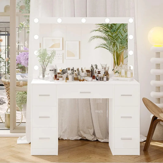 Vanity Table, Makeup Table with Lighted Mirror, 3 Color Lighting Modes, Brightness Adjustable, Dressing Table with Drawers