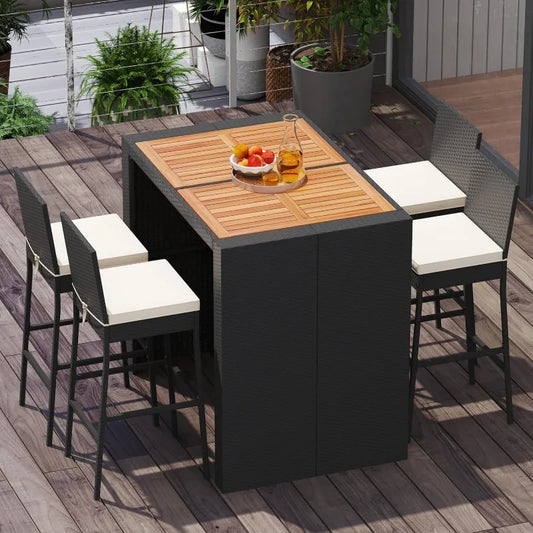 5-Piece Outdoor Bar Set - Wicker Rattan Bar Height Dining Table w/Acacia Wood Top & 4 Bar Stools Chairs w/Seat Cushions,