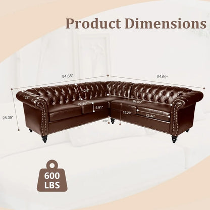 L-shaped small combination sofa, Chesterfield leather plush decorative sofa, with scroll armrests and nail heads