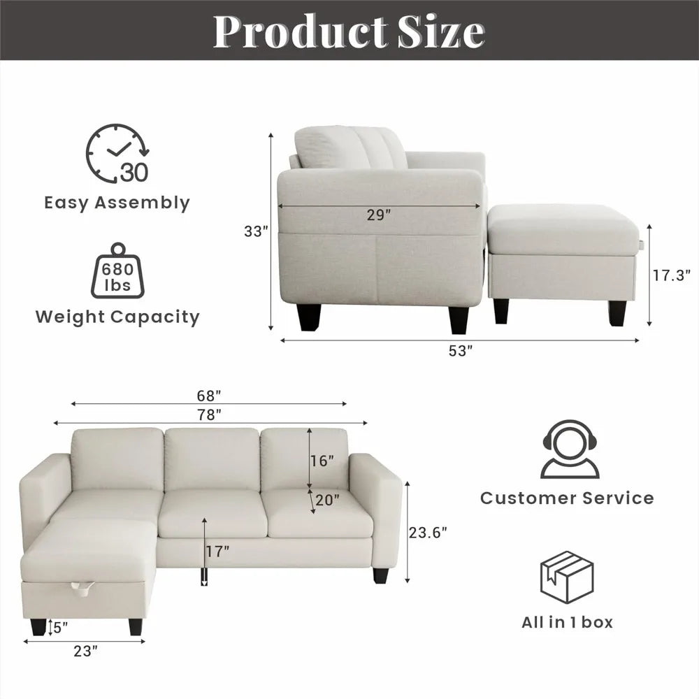 Couches for Living Room - Sectional Sofa L Shaped Cloud Couch-Small Modular 3 Seat-Comfy Linen with Storage Deep Seat Sofa