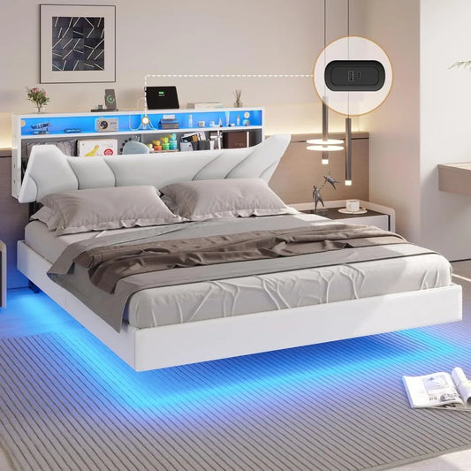 Floating Bed Frame Full Size with USB Type-C Ports，Upholstered Platform Bed Frame Hidden Storage Headboard Floating Bed Frame