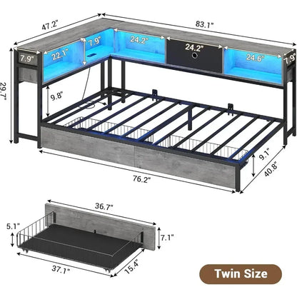 Corner Bed Frame Full Size with Bookcase and 2 Underbed Storage Drawers, Full Corner Bed with LED Light and Charging Station