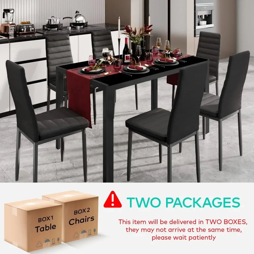 Glass Dining Table Sets for 6, 7 Piece Kitchen Table and Chairs Set for 6 Person, PU Leather Modern Dining Room Sets for Home