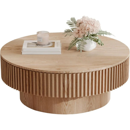 31.5'' Natural Coffee Table Modern Handcraft Drum Round Circle Wooden Solid Wood Veneer Tea Table for for Living Room Apartment