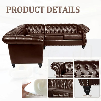 L-shaped small combination sofa, Chesterfield leather plush decorative sofa, with scroll armrests and nail heads