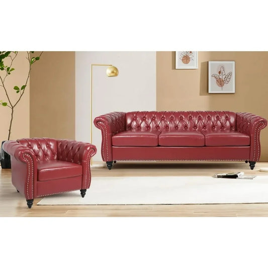 2PCS Living Room Sofa Set, Chesterfield Leather Chair and 3-Seater Sofa with Scroll Arms and Nail Head  Living Room Funiture Set