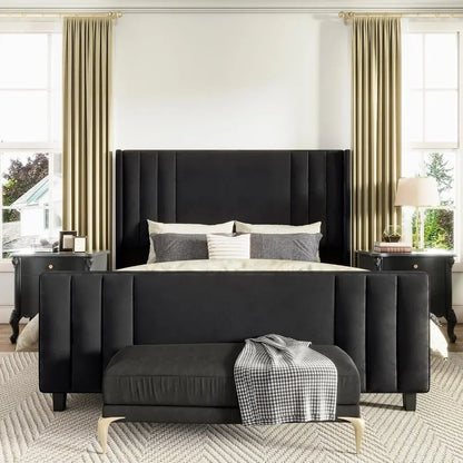 bed.Queen Size Bed Frame, Velvet Upholstered Platform Bed with Vertical Channel Tufted Headboard & Footboard/Wingback, Mattress