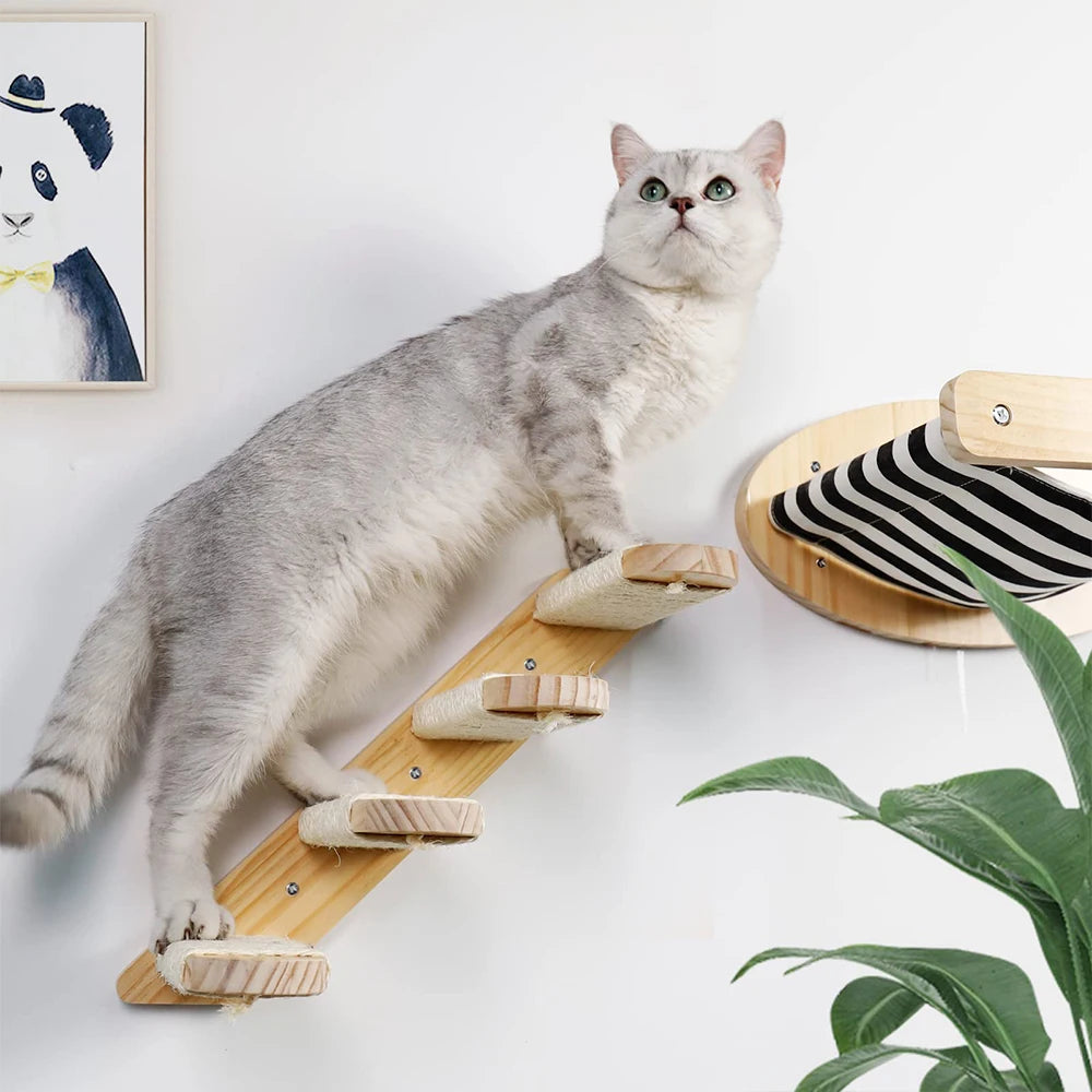 3Pcs Cat Hammock with Four Step Sisal Stairways or Scratching Posts Set Wall Mounted Wooden Cats Furniture Climbing Shelf Perch